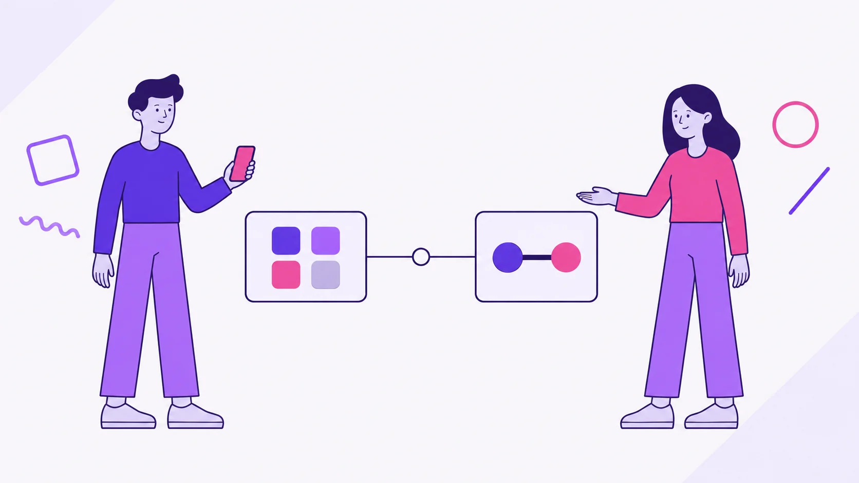 Two partners compare two app models: one panel with four feature blocks and another with two circles joined by a bar.