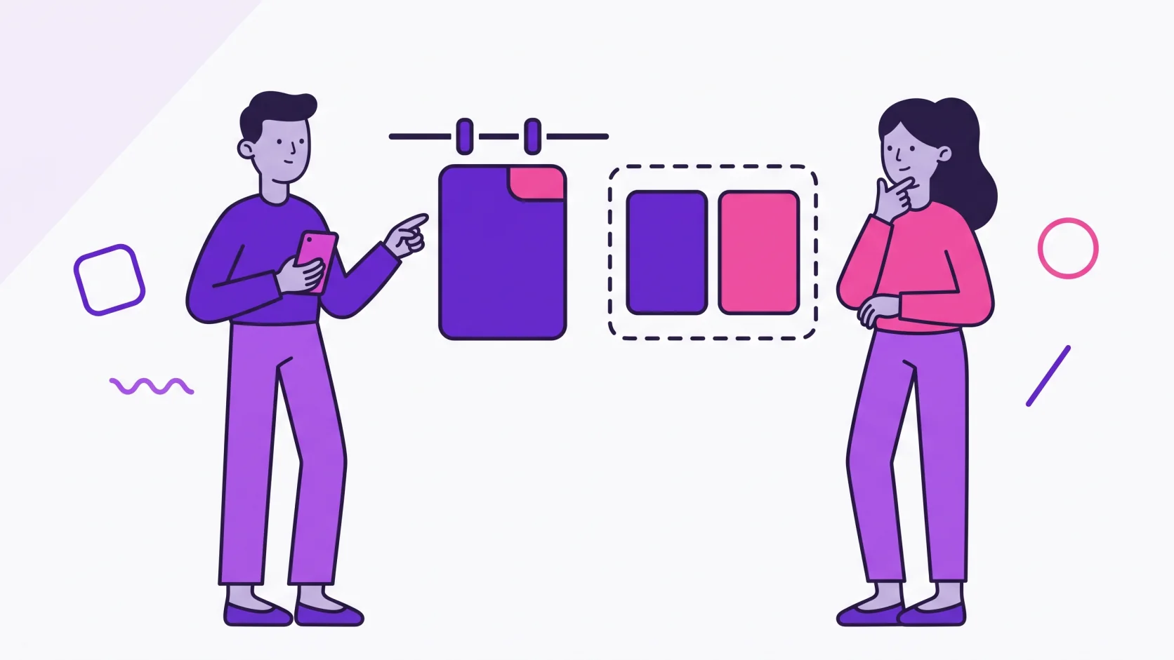 Two partners comparing two ways to handle money together: one shared card fed from both sides, and two separate cards inside a single dashed frame.