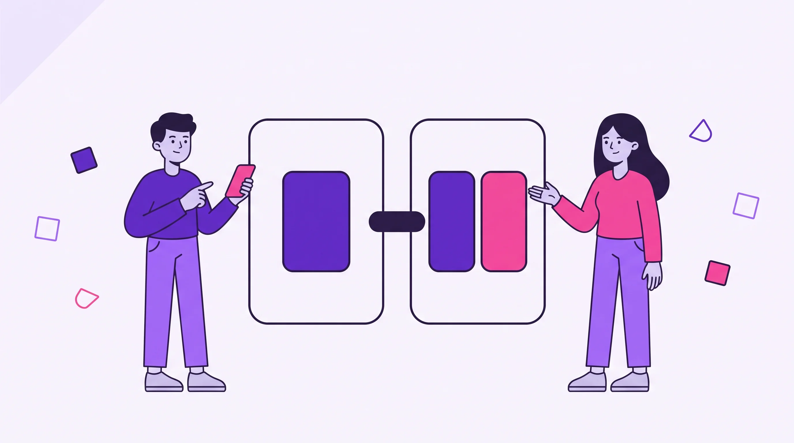 Two partners comparing two ways of organizing money: one space holding a single block, the other holding two distinct blocks, both joined by the same bar.