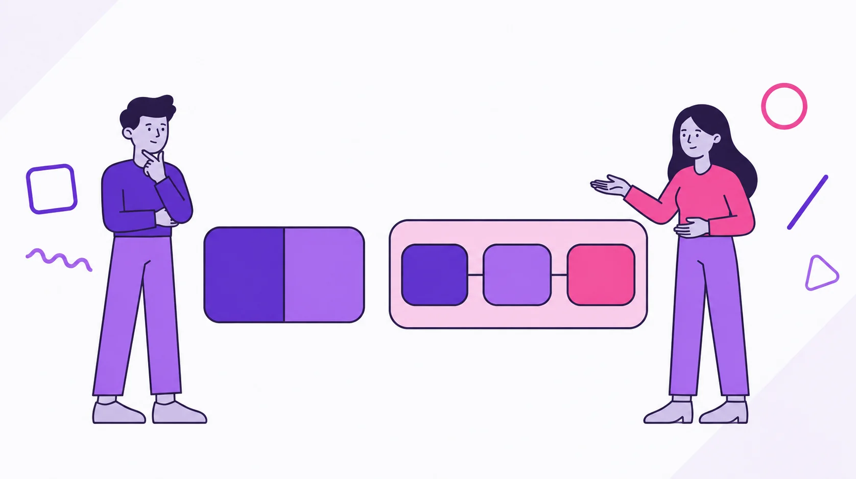 Two partners comparing two ways to organize money together: a block split in half for a single expense and a strip of three connected steps for a whole month tracked together.