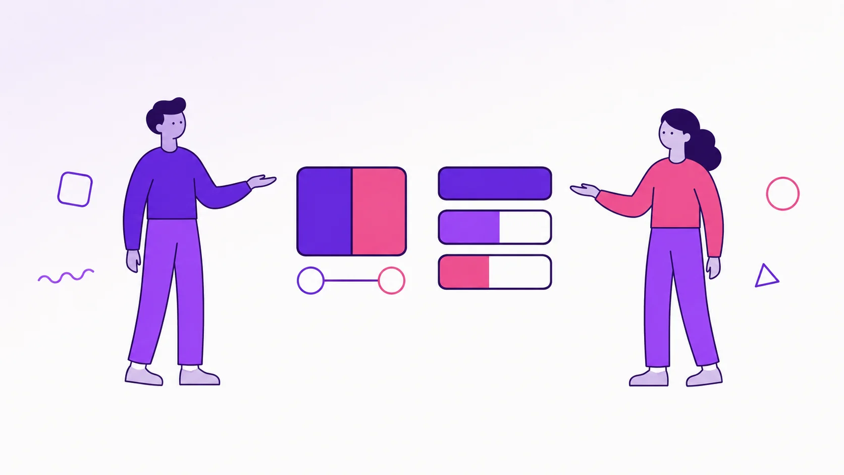Two partners presenting side by side two ways to organize money together: a single expense split in half and a whole month tracked in bars.