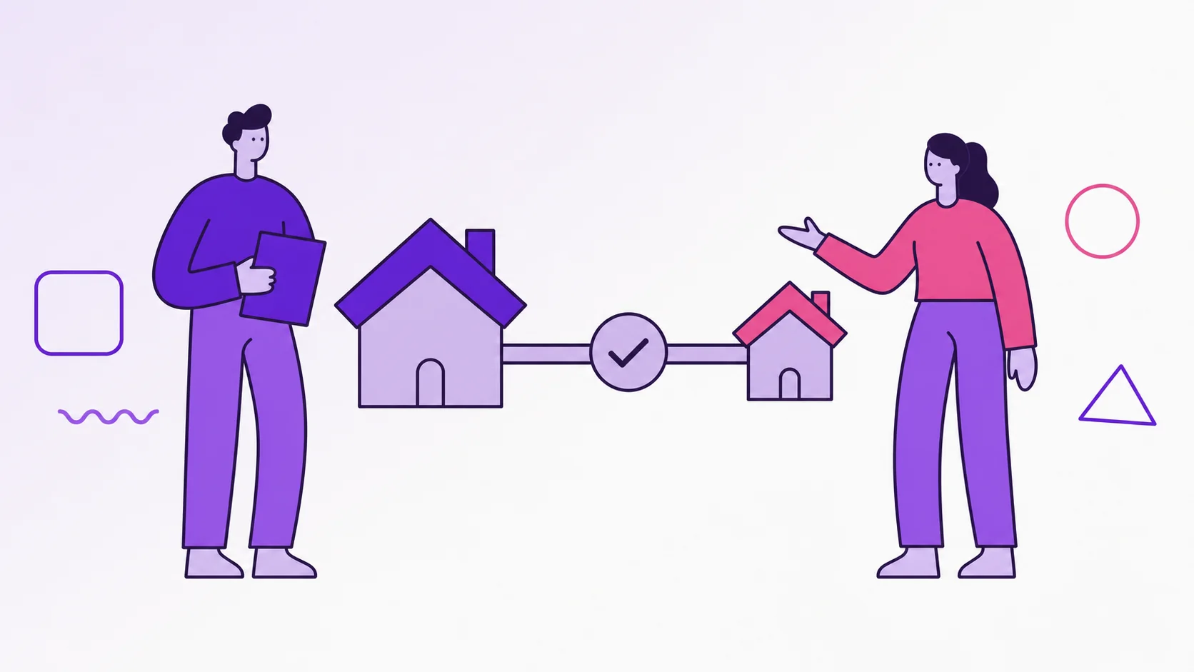 Two partners beside two houses connected by a bridge and an agreement mark, representing family support with shared boundaries.