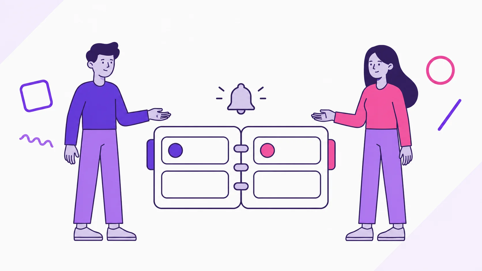 Two partners present an open planner with tasks on both pages and a reminder bell between them.