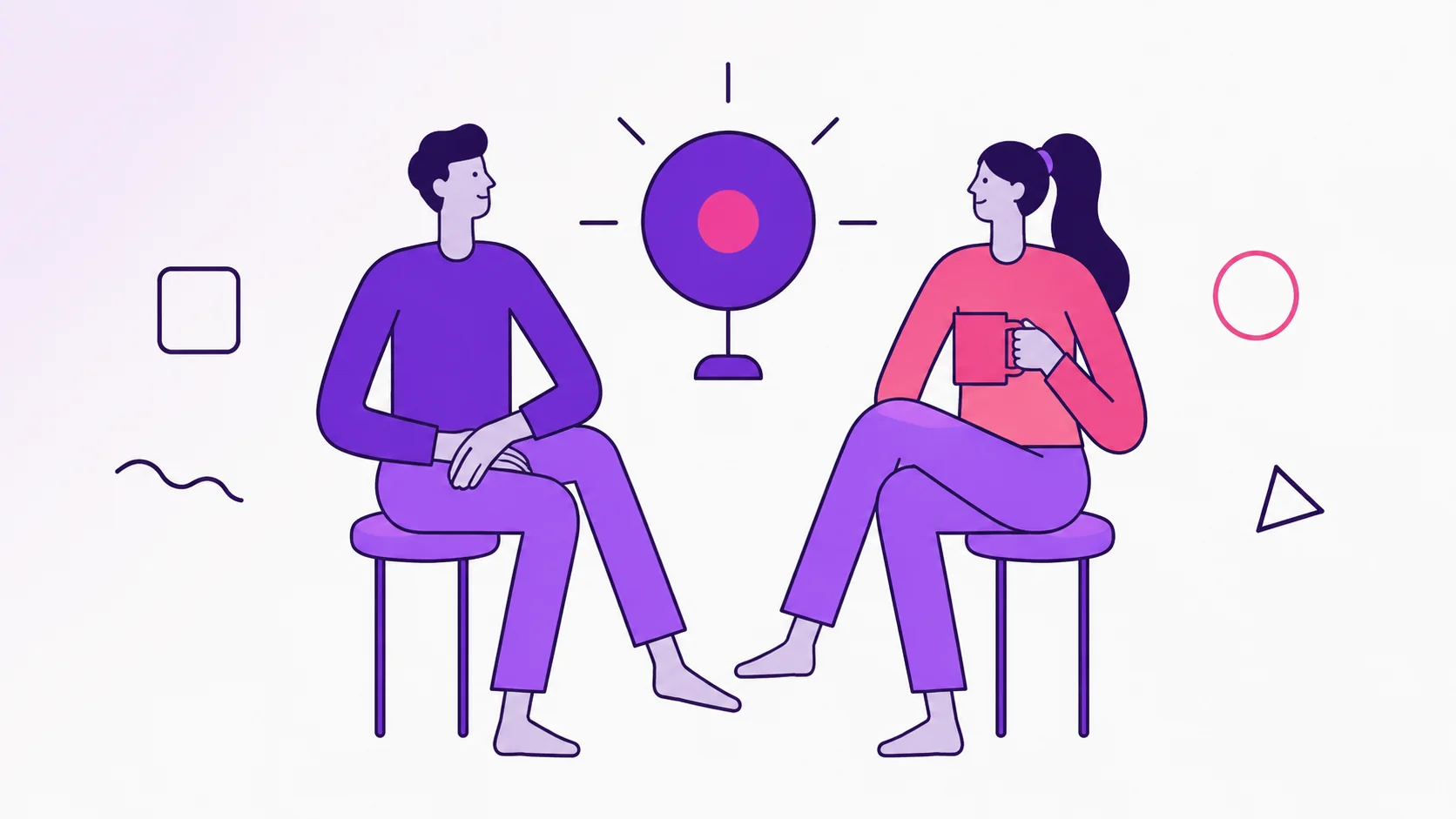 Two partners sitting side by side in a calm conversation, with a small idea light between them.