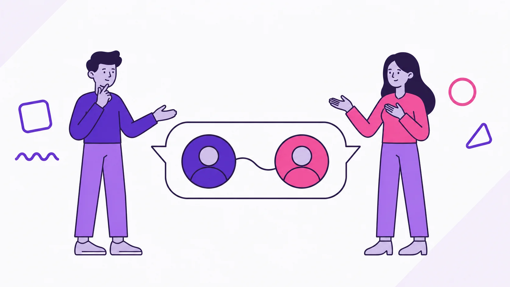 Casal conversando diante de um balão de fala com dois perfis conectados, representando compatibilidade financeira construída com conversa e respeito.