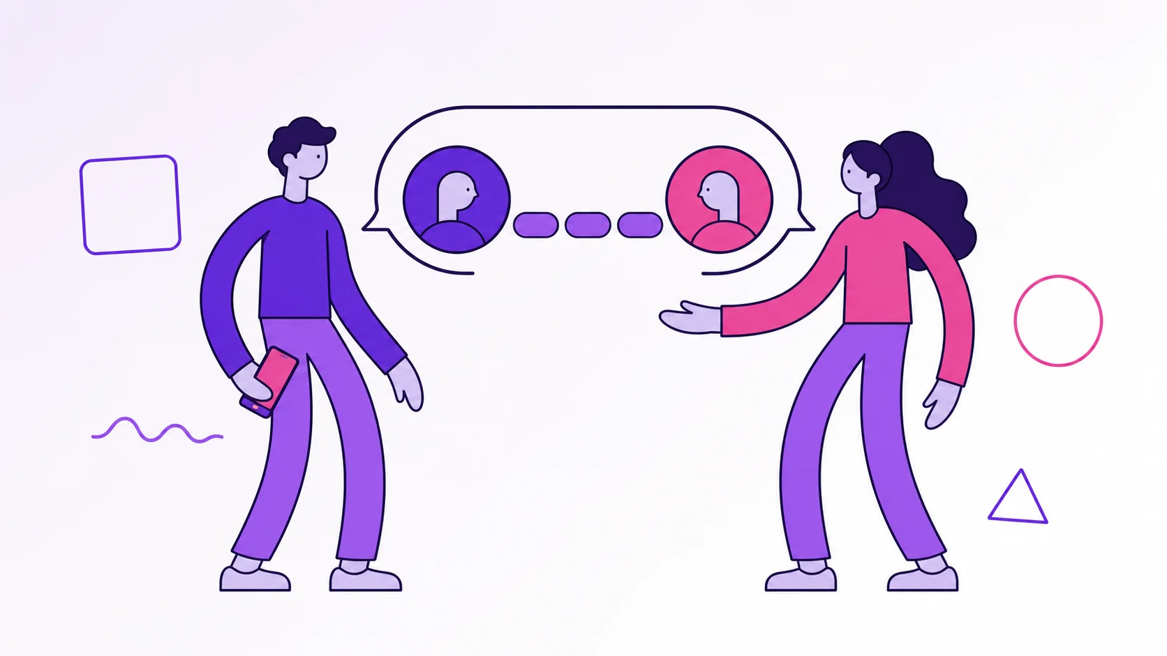 Two partners talking beside a speech bubble with connected profiles, showing financial compatibility built through respectful conversation.
