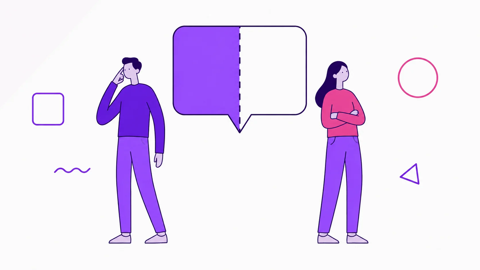 Two partners turned slightly away from each other beside a split speech bubble about money.