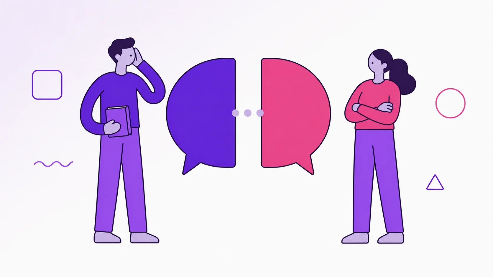Two partners thinking beside separate speech bubbles, showing an honest conversation about hidden debt.