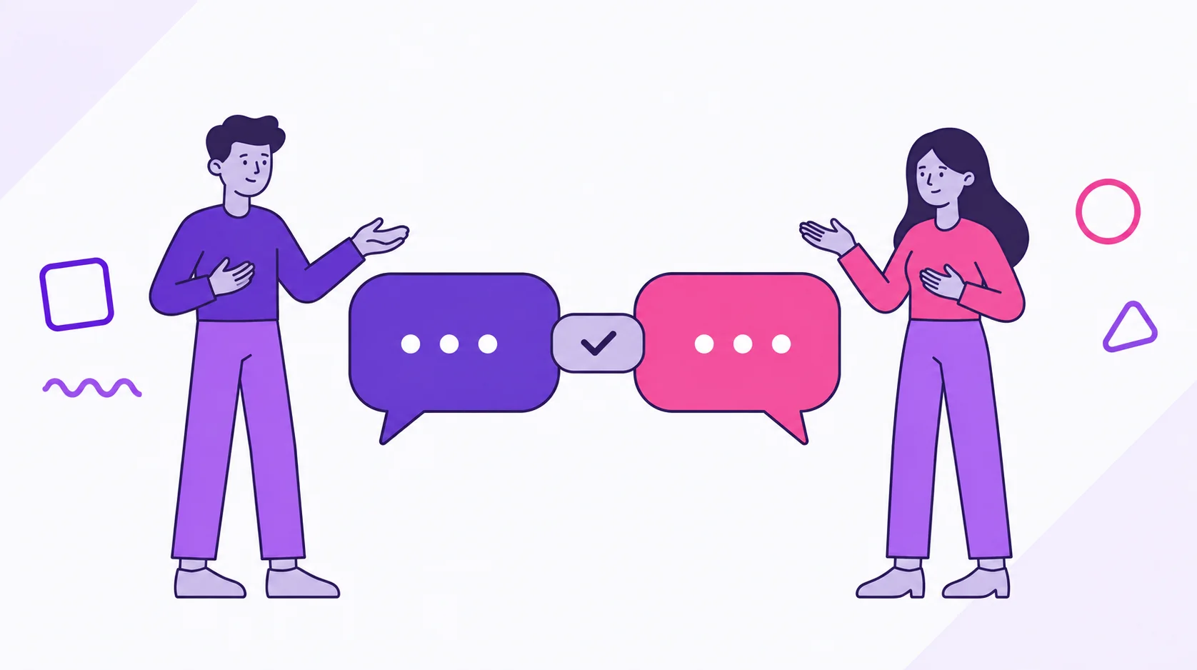 Casal conversando com calma diante de dois balões de fala conectados, representando uma conversa sobre dinheiro que vira acordo em vez de cobrança.