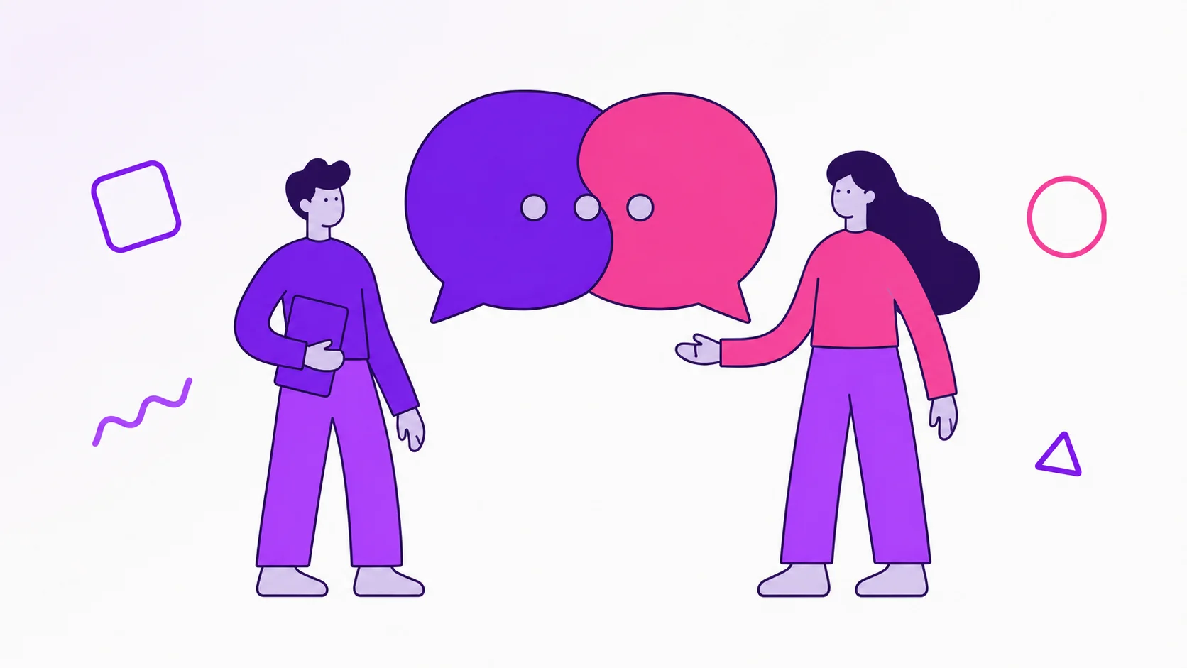 Two partners having a calm conversation with connected speech bubbles about money.