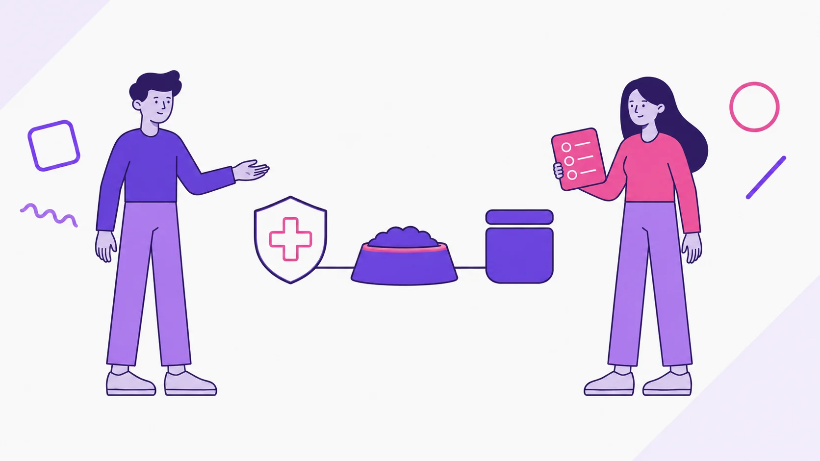 A couple organizes pet care and health expenses around a bowl, jar, and veterinary shield, symbolizing fair cost sharing.