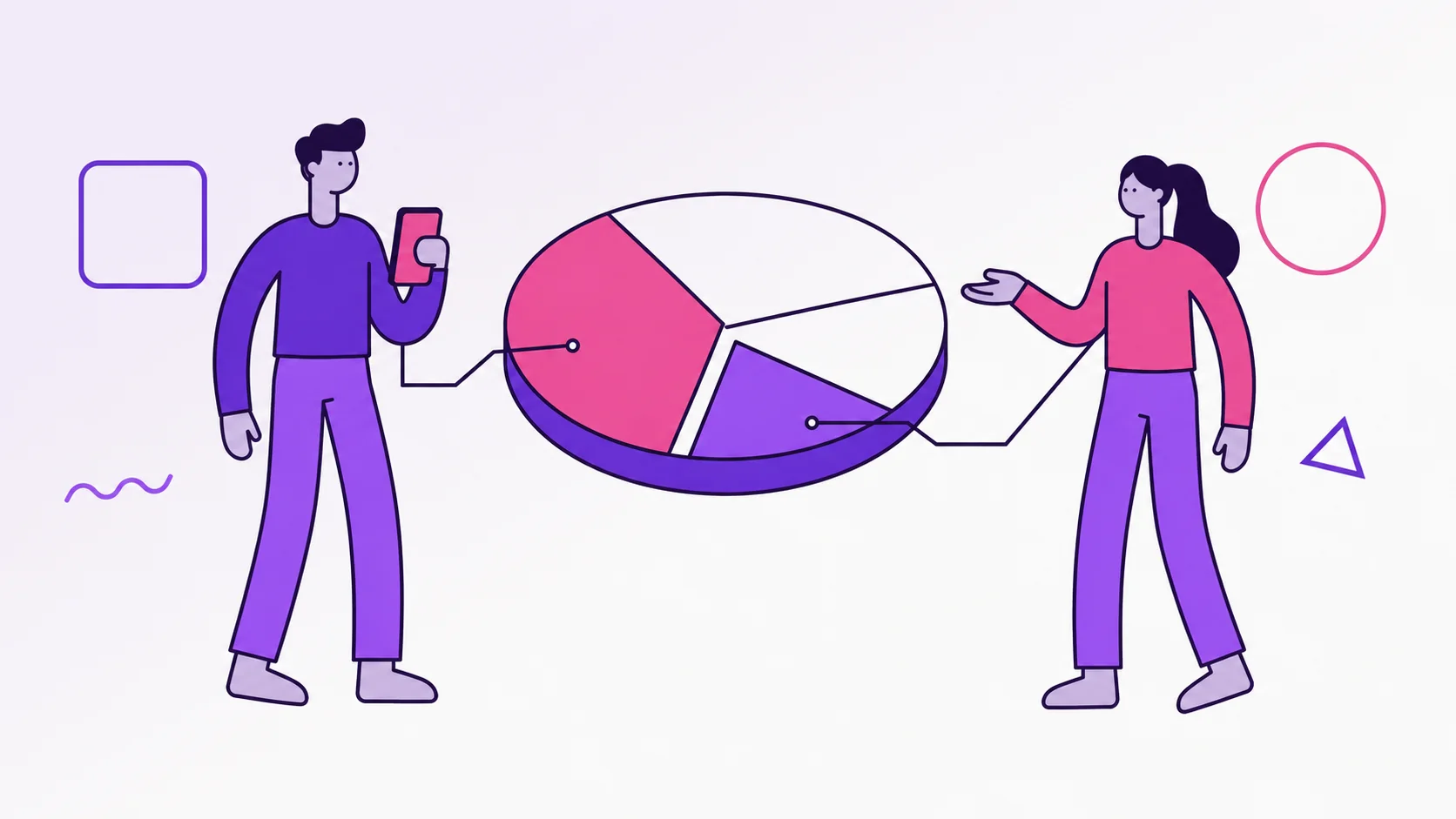 Two partners standing near a round party platter divided into uneven slices, showing hosting costs being split fairly.