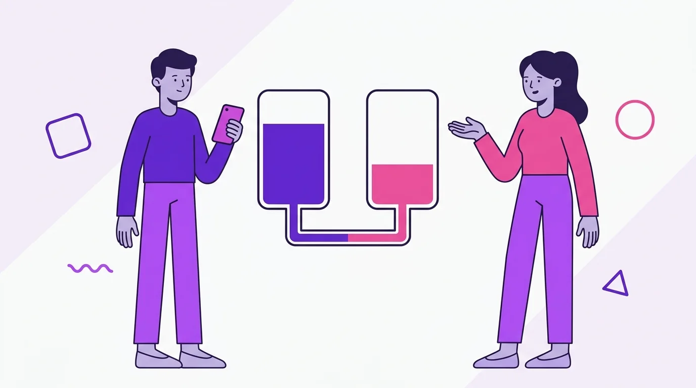 Two partners looking at connected containers with different levels balancing out, representing a salary and a variable income.