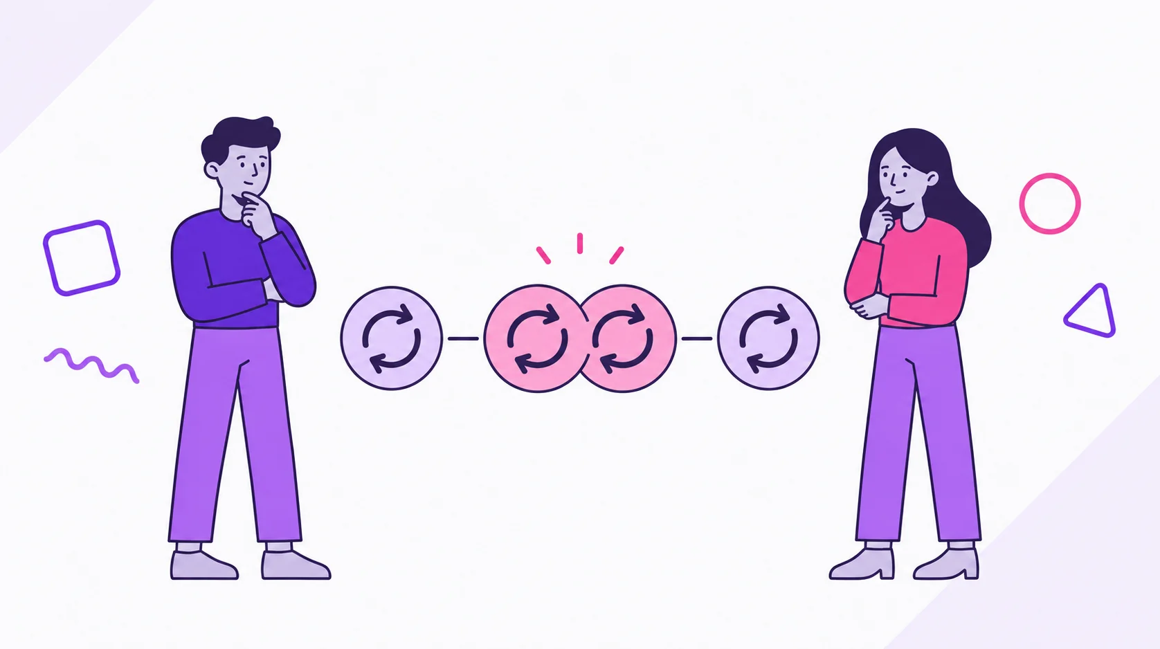 Two partners reviewing three recurring-charge symbols, with a duplicated cycle highlighted in the center.