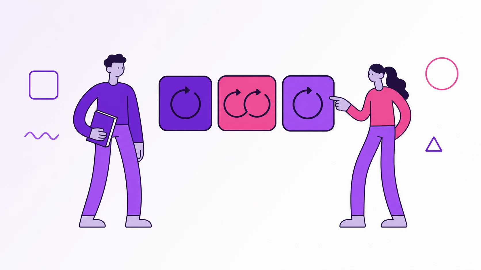 Two partners reviewing three recurring-charge symbols, with a duplicated cycle highlighted in the center.