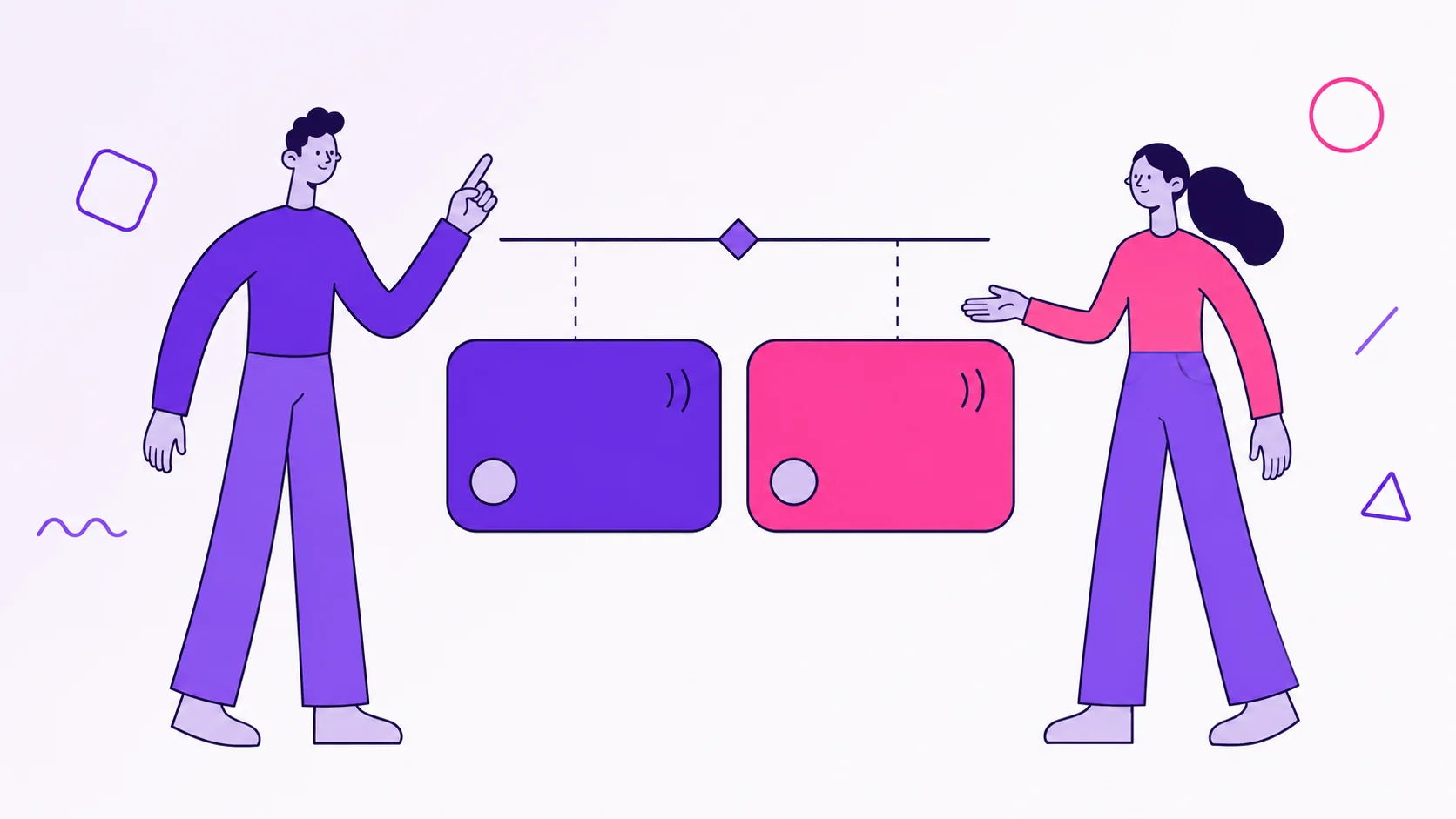 Two partners looking at two credit cards connected to one shared spending limit.