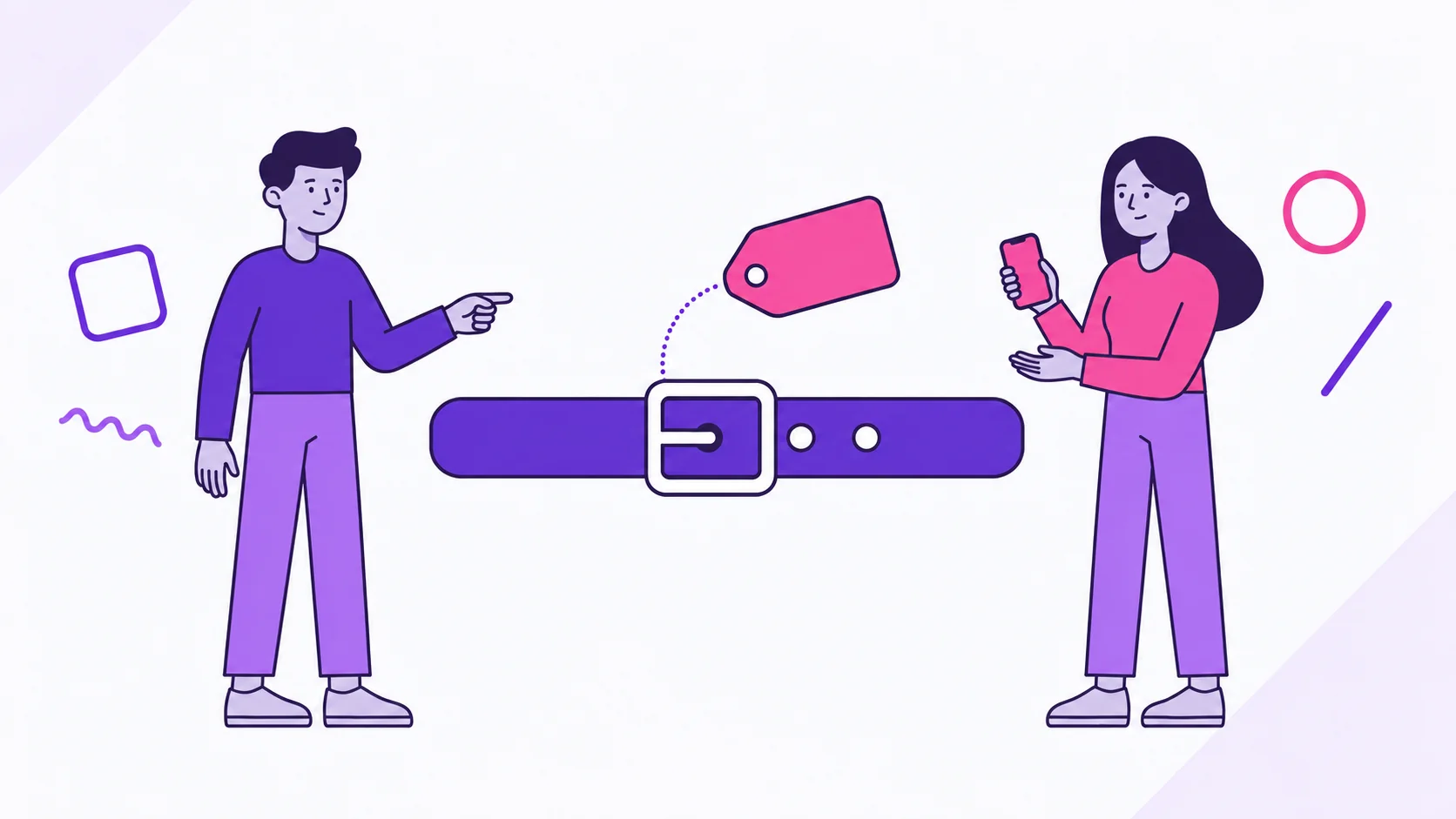 Two partners looking at a blank price tag connected to a belt loosened by one notch, representing temporary room in their shared budget.