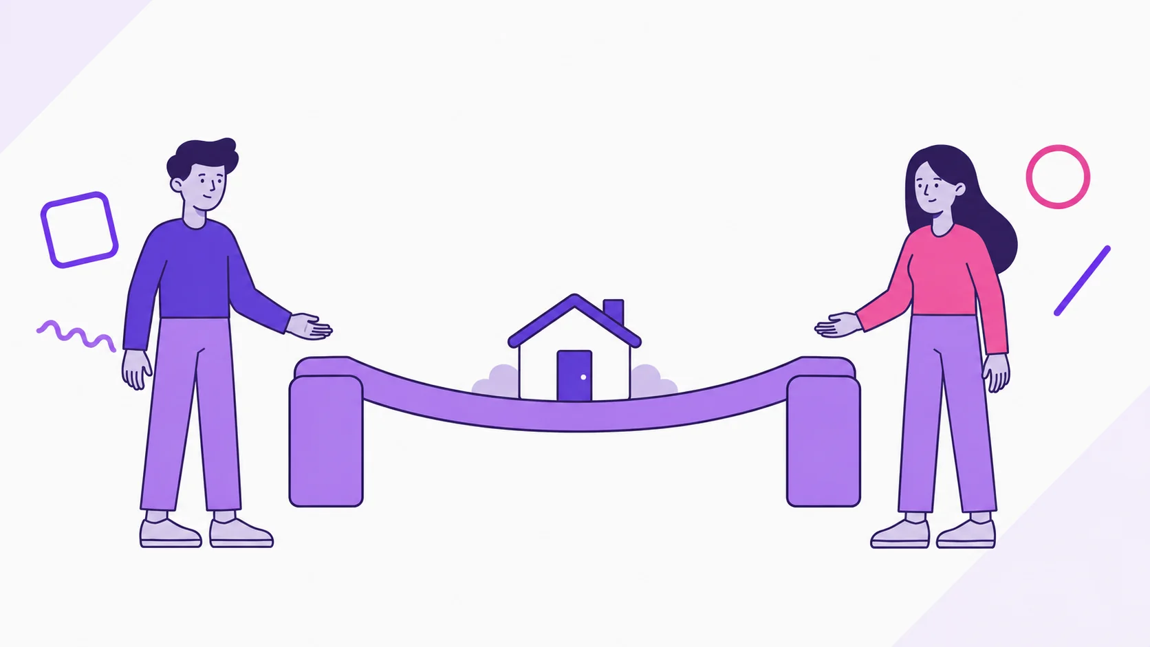 Two partners beside a purple bridge supporting a small house, representing temporary support for shared household expenses.