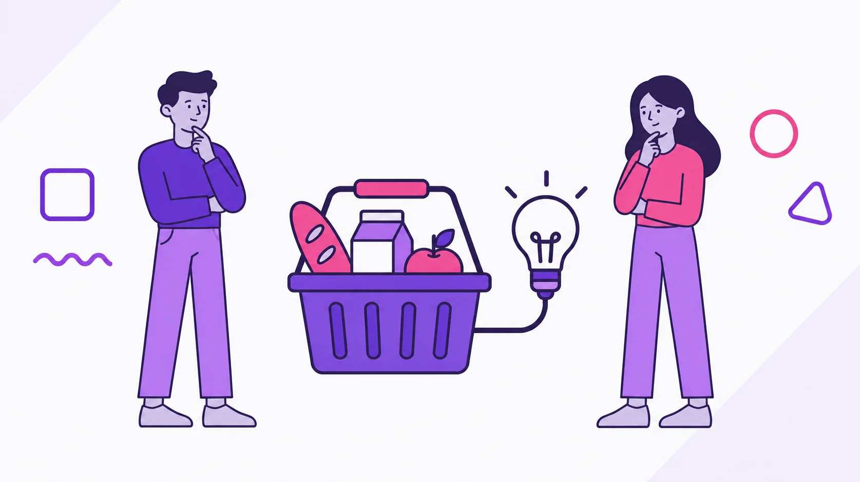 Two partners looking together at a grocery basket with bread, milk, and fruit, with a small lightbulb beside it representing the electric bill.