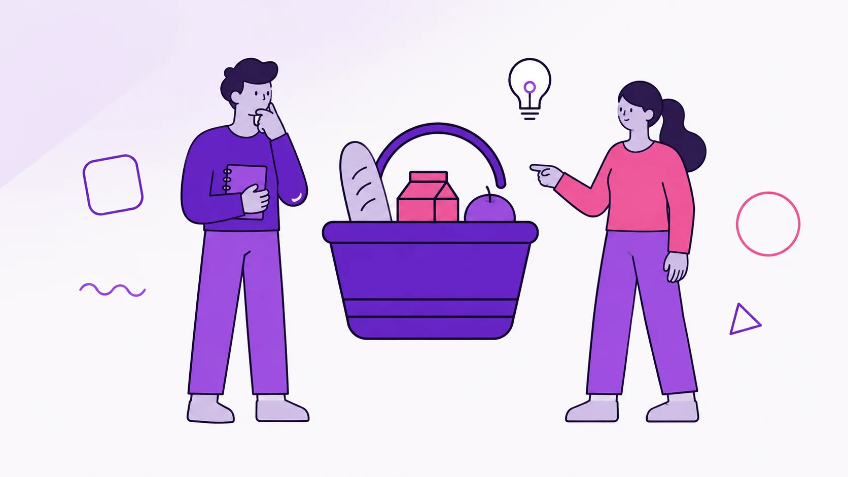 Two partners looking together at a grocery basket with bread, milk, and fruit, with a small lightbulb beside it representing the electric bill.