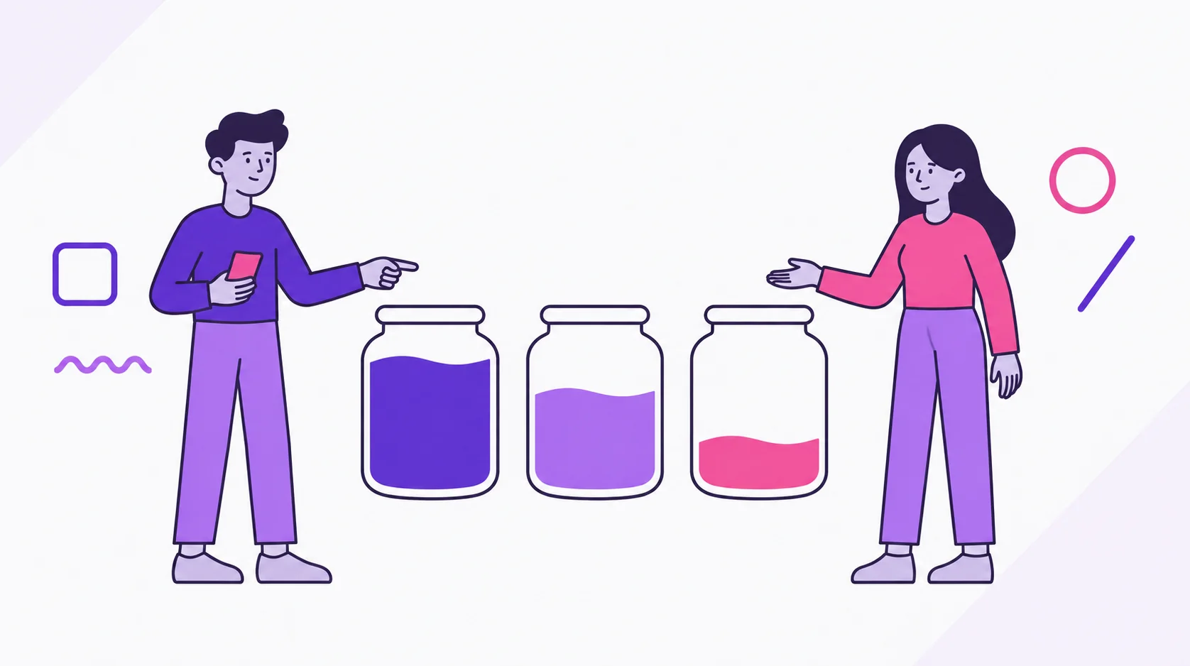 Two partners looking at three simple budget jars for income, spending, and money left.