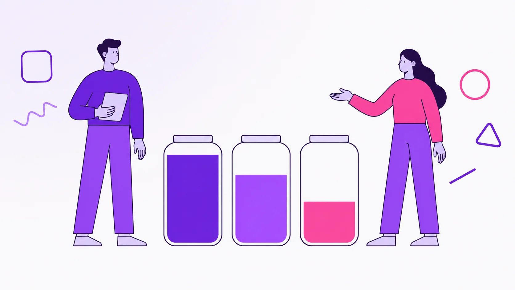 Two partners looking at three simple budget jars for income, spending, and money left.