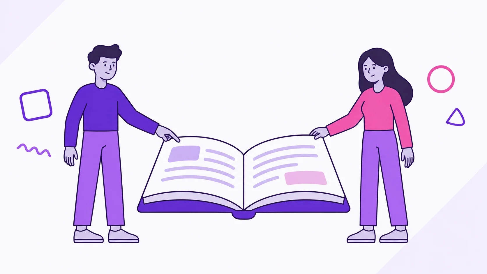 Two partners reading an open book together and pointing at its pages, suggesting calm shared conversations about money.