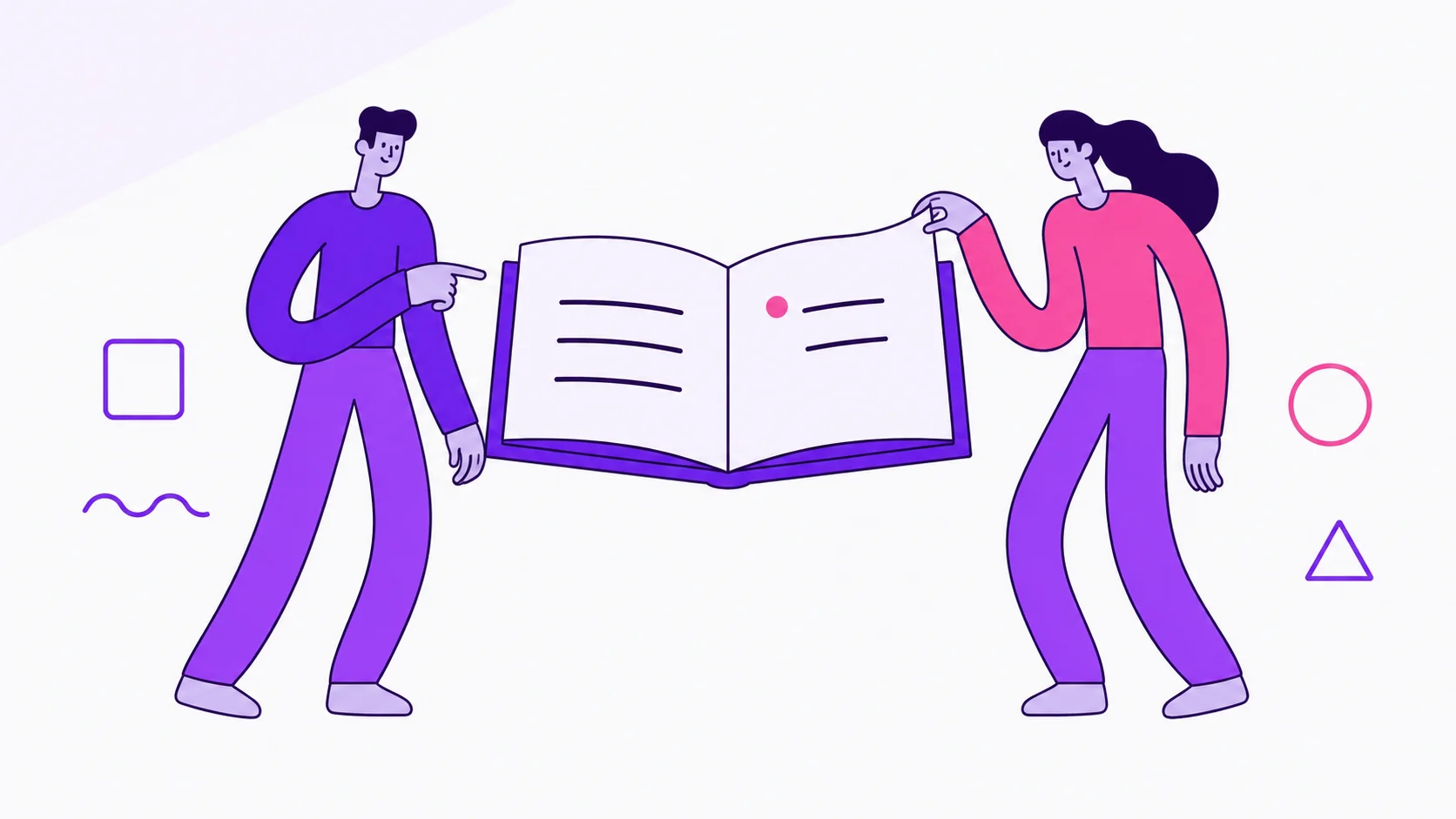 Two partners reading an open book together, suggesting calm shared learning about money.