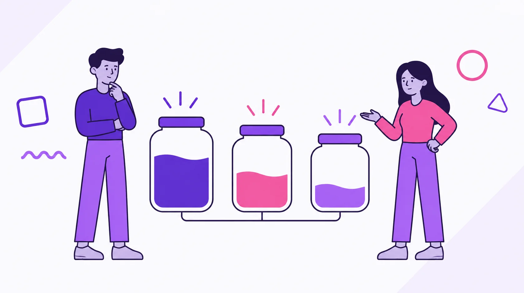 Two partners look at three budget jars with different levels, representing needs, wants, and savings goals in the 50/30/20 rule.