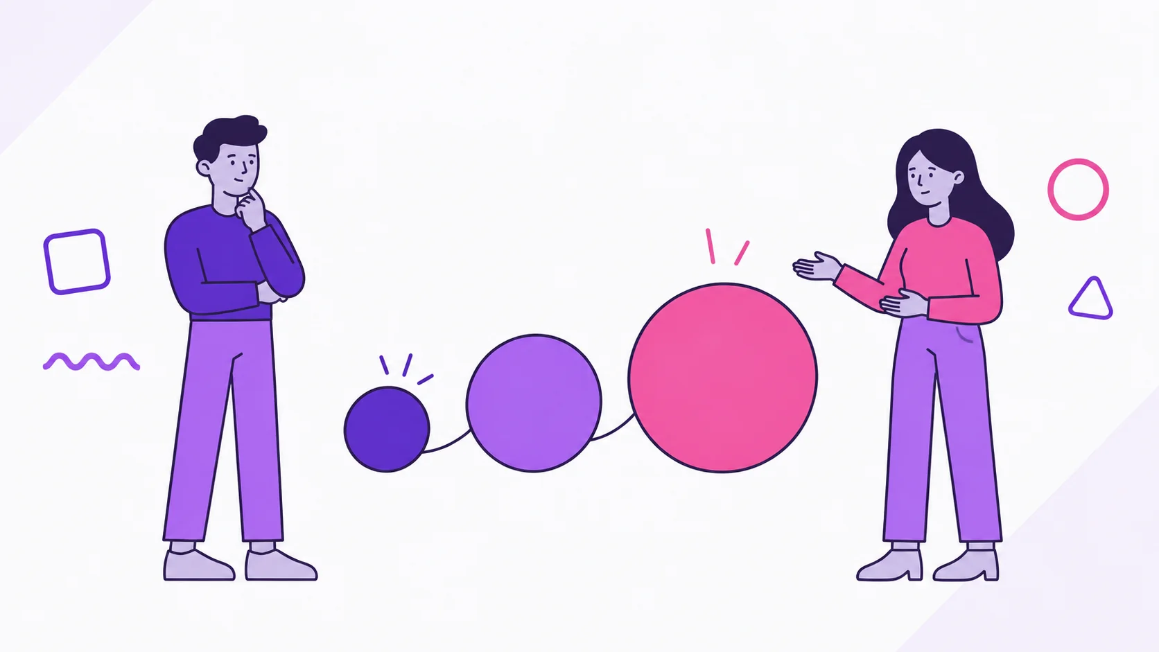 Two partners looking at three growing purple and pink circles that represent a credit-card debt snowball, in a calm collaborative illustration.