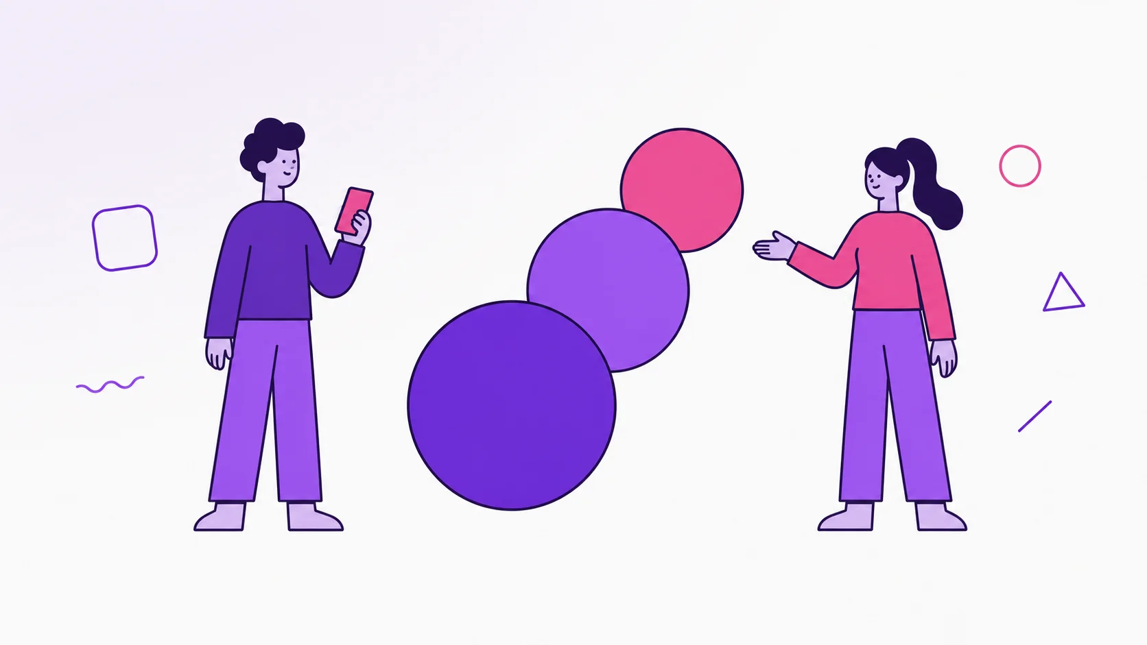Two partners looking at three growing purple and pink circles that represent a credit-card debt snowball, in a calm collaborative illustration.