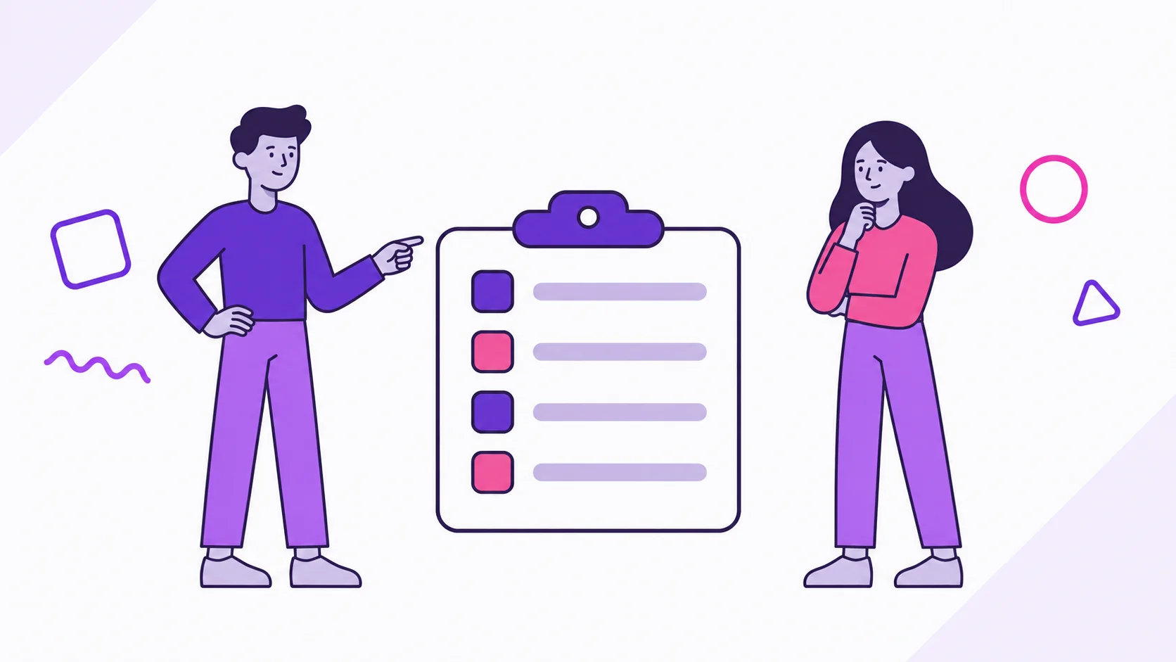 Two partners standing beside a clipboard with a four-item checklist for a calm weekly money routine.