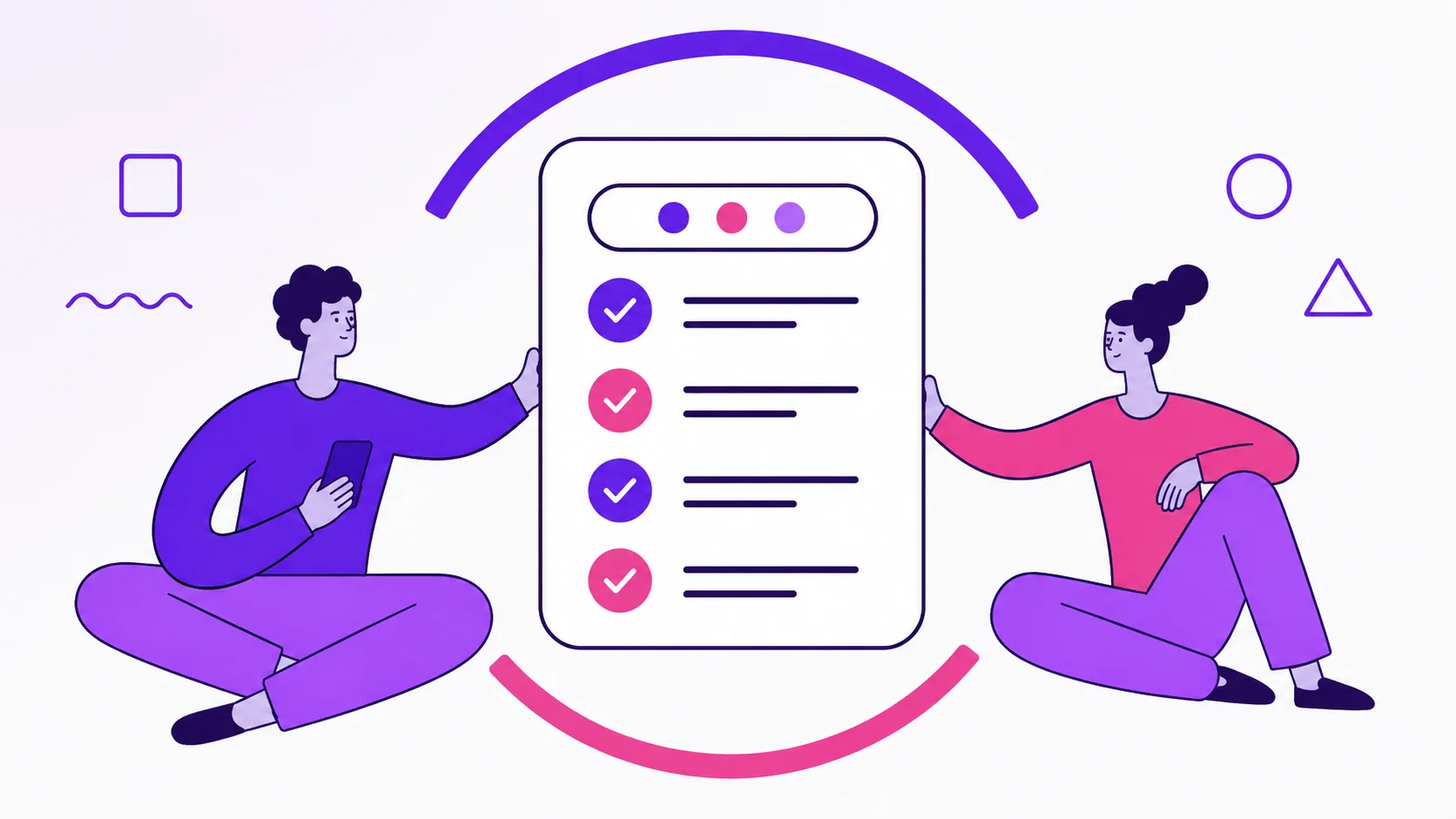 Two partners sitting near a four-item checklist for a calm weekly money routine.