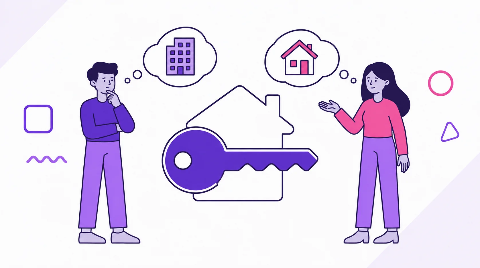 Two partners standing beside an oversized key and a home outline as they compare renting and buying.