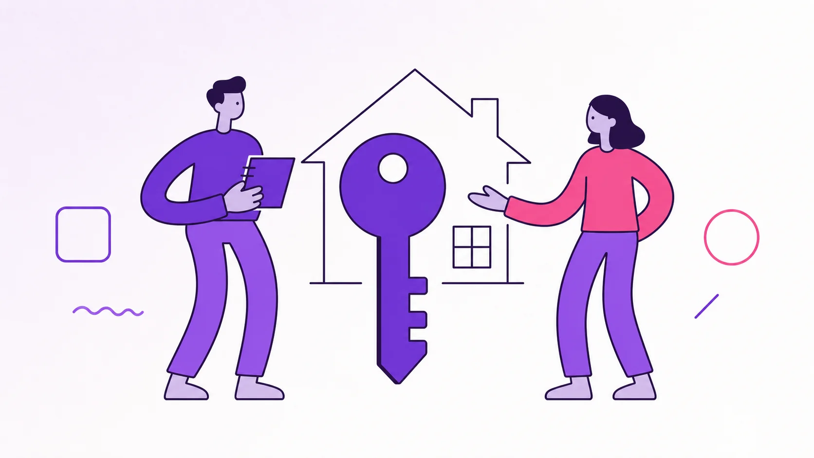 Two partners standing beside an oversized key and a home outline as they compare renting and buying.