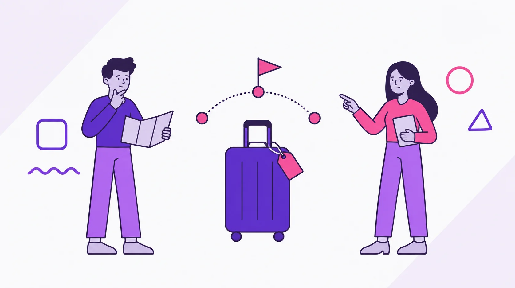 Casal planejando uma viagem juntos: uma mala roxa no centro, etiqueta rosa e um arco de rota com três paradas e uma bandeirinha de torcida no topo, representando a viagem combinada para a Copa.
