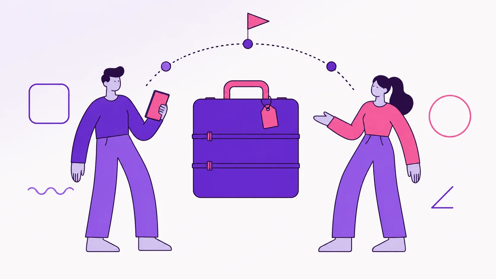 Two partners planning a World Cup trip with a suitcase, route markers, and a match-day flag.
