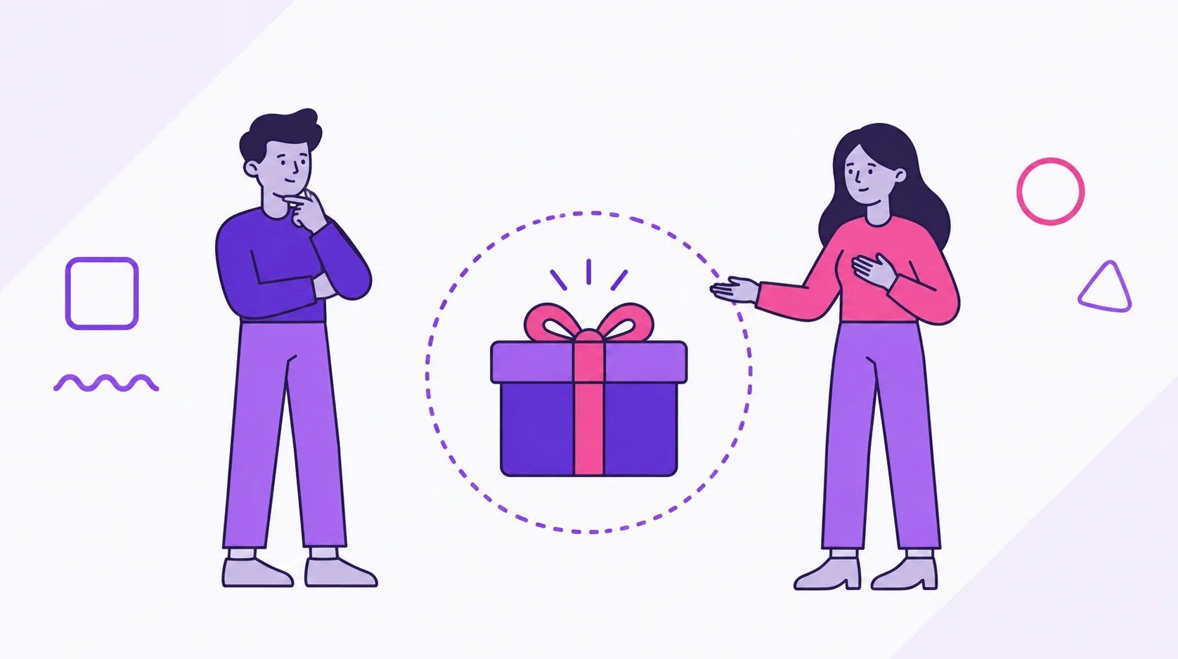 A couple deciding on a Father's Day gift together: a gift box inside a dotted circle that represents their agreed spending cap.
