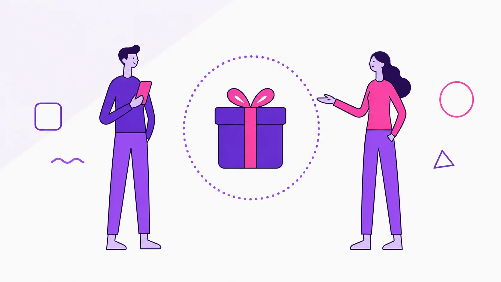 A couple deciding on a Father's Day gift together: a gift box inside a dotted circle that represents their agreed spending cap.