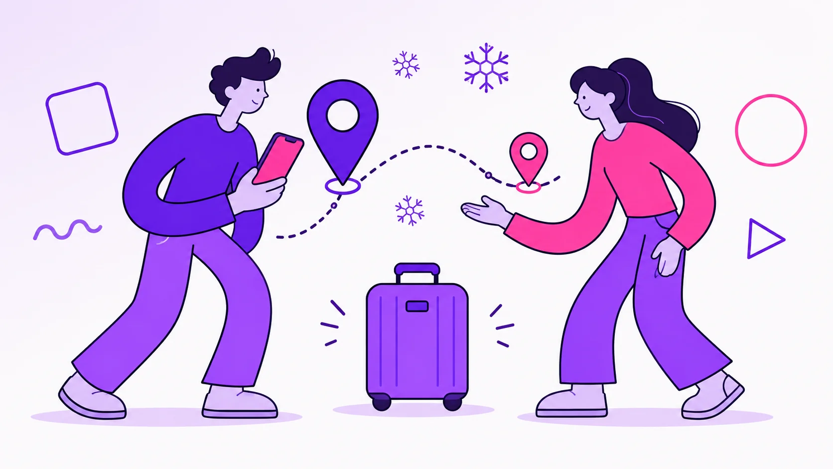 Two partners planning a winter trip with route pins, a suitcase, and soft snow details.