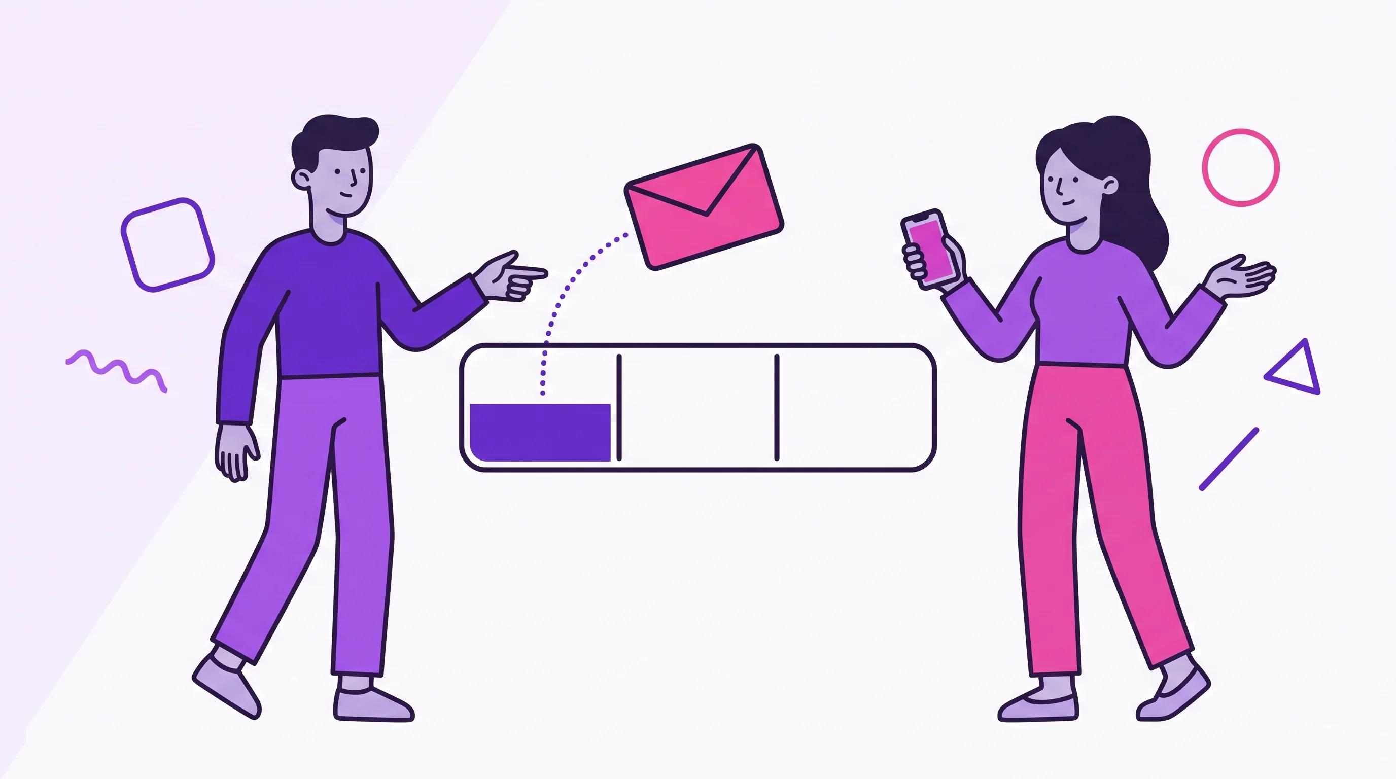Two partners look at a bar split into three equal parts: an envelope above connects by a dotted line to the first part, which is already partly filled, while the other two remain empty.
