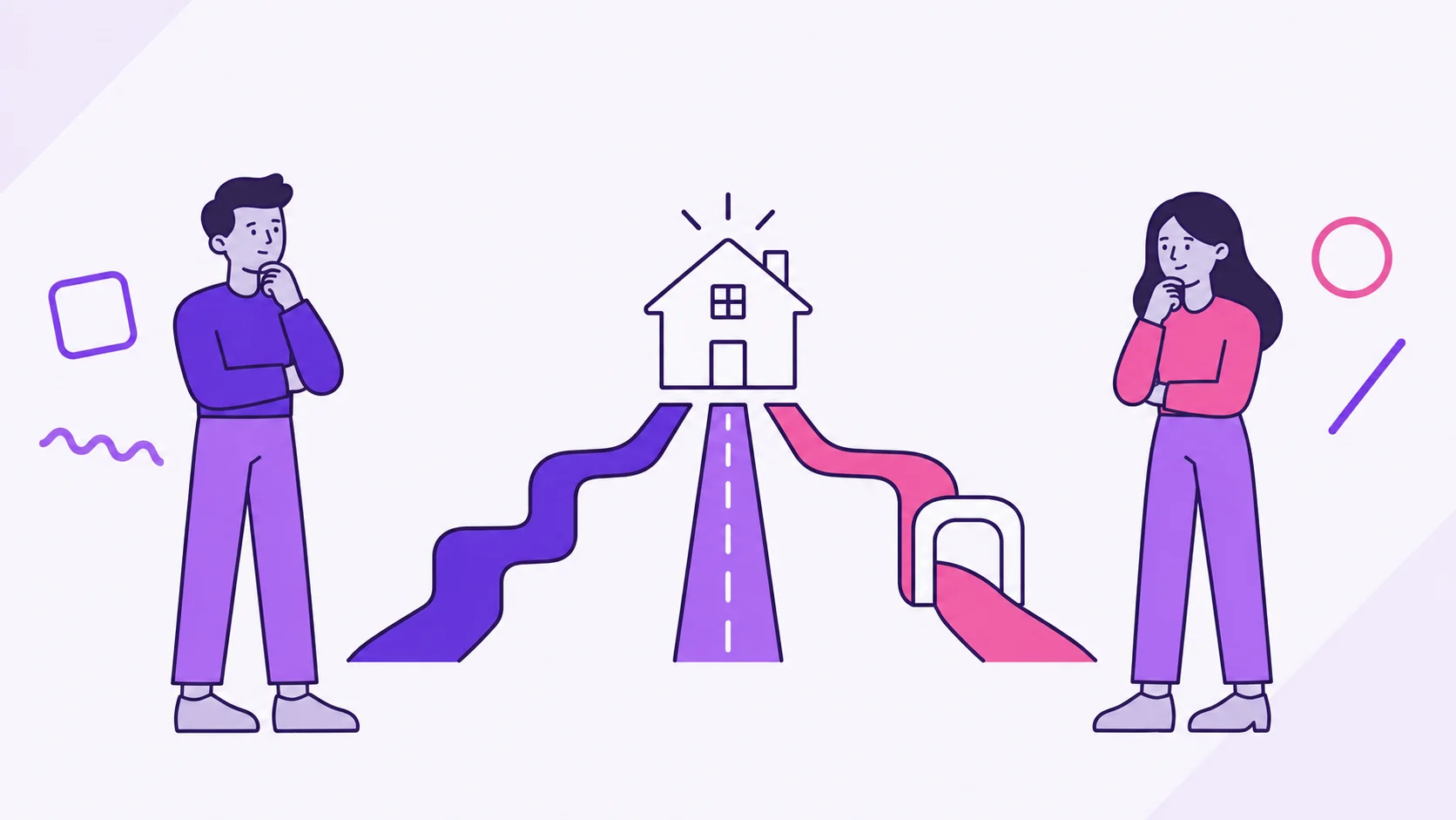 Two partners compare three abstract paths leading to a home, representing different mortgage choices.