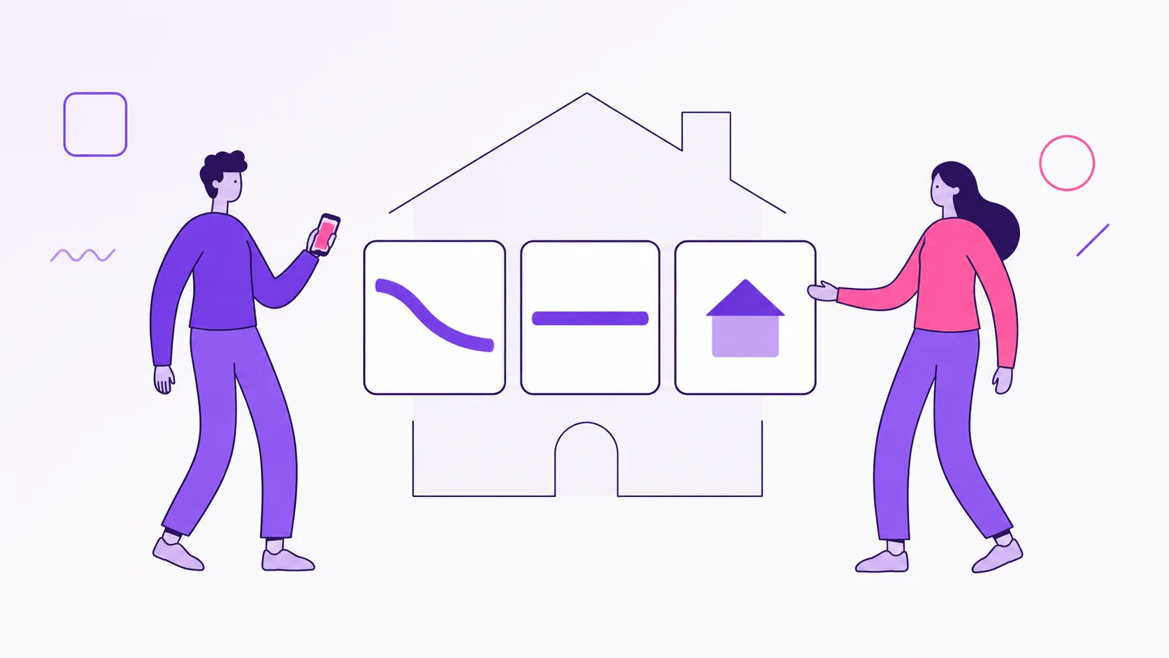 Two partners comparing three Brazilian mortgage paths with a home outline in the background.