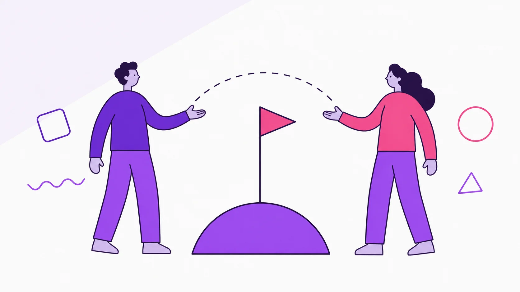 Two partners standing on either side of a shared goal flag on a small summit.