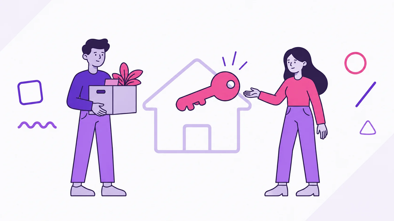 Casal a caminho do primeiro apartamento juntos: um deles segura uma caixa de mudança e o outro estende a mão em direção a uma chave grande, com a silhueta de uma casa em segundo plano.