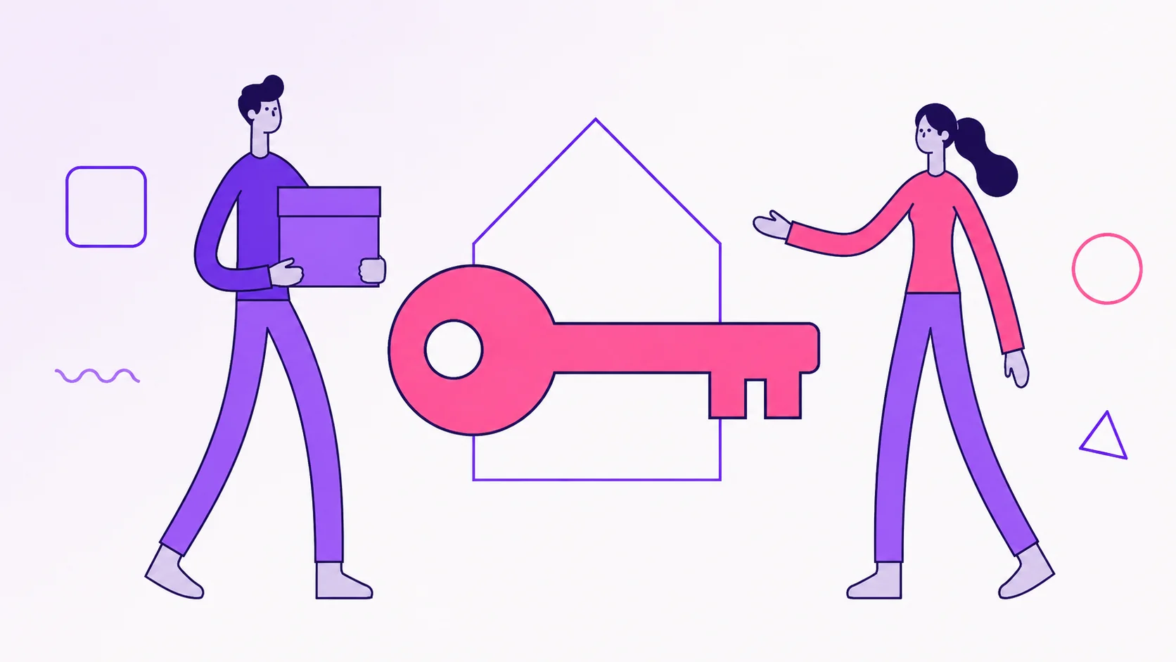 Two partners approaching their first apartment with a moving box and an oversized key.