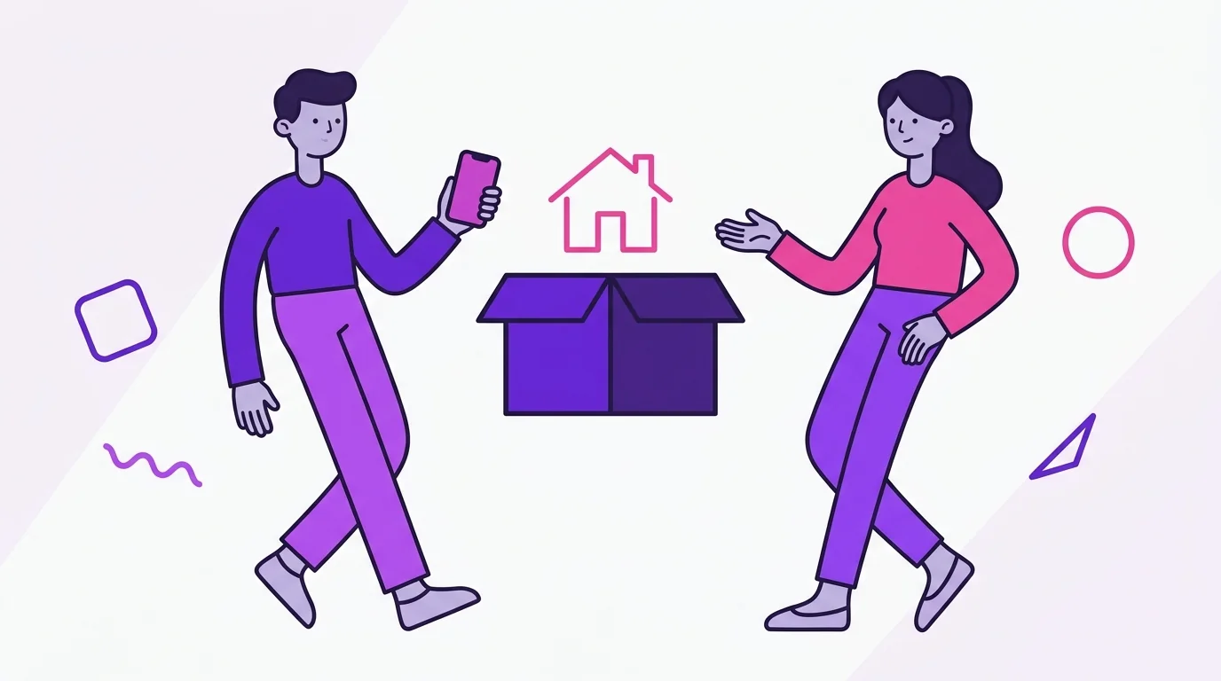 Two partners planning a move into their first rental, with a moving box and a home outline between them.