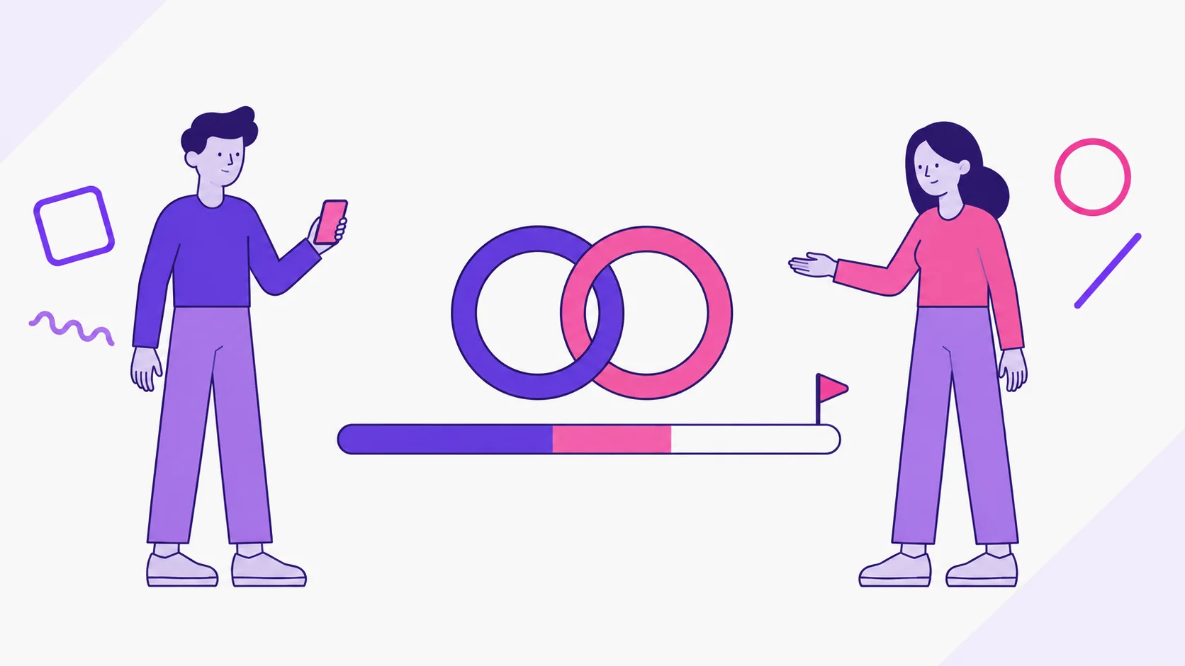 Casal diante de duas alianças entrelaçadas sobre uma barra que se preenche em roxo e rosa rumo à bandeira da meta, representando o casamento planejado a dois.
