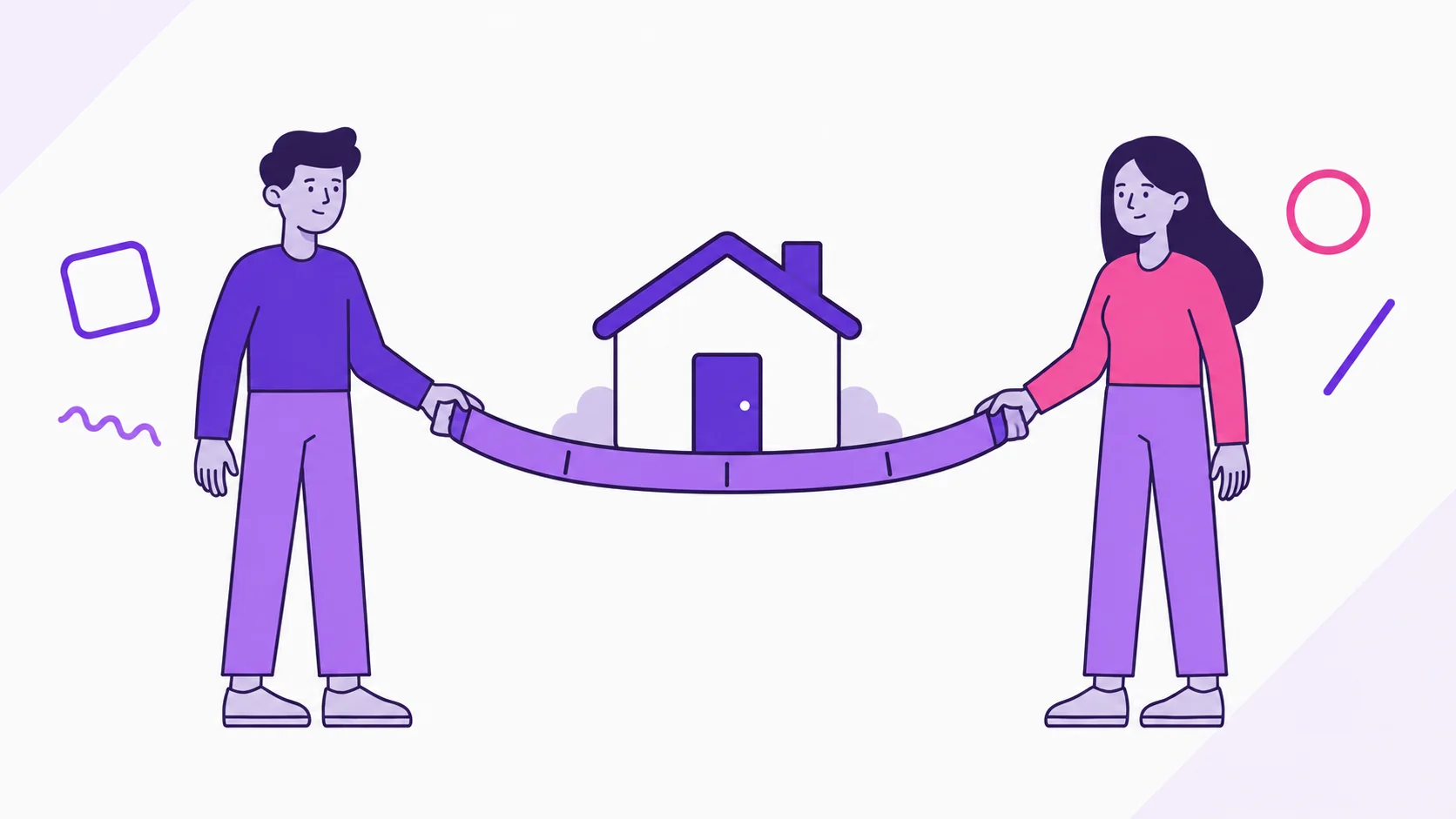 Two partners hold opposite ends of a measuring ribbon in front of a house, planning a rent increase together.