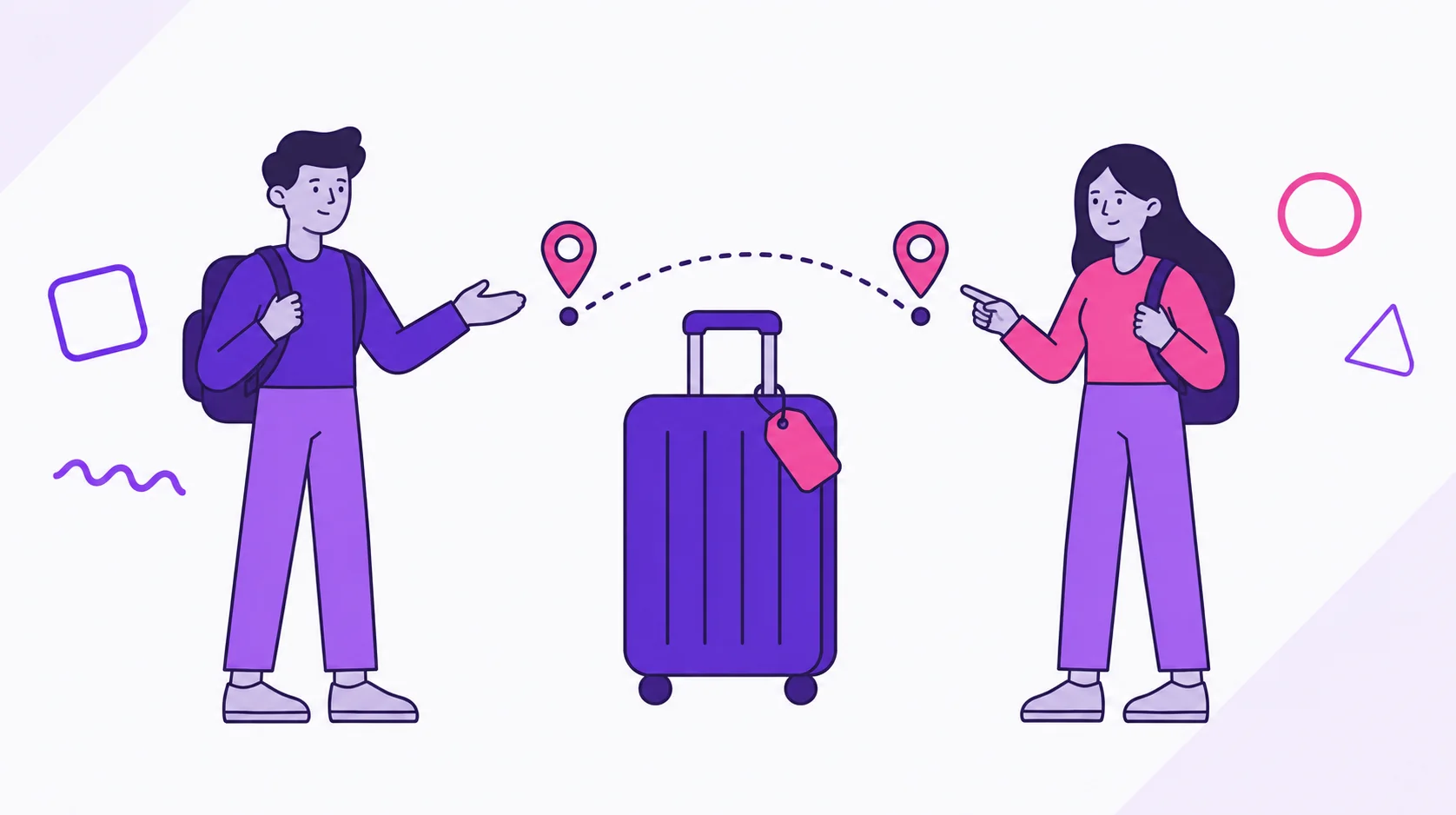 Casal pronto para uma viagem combinada: uma mala grande no centro, etiqueta rosa pendurada e um arco pontilhado representando a rota entre origem e destino.